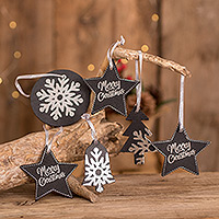 Leather ornaments, 'Christmas in Black and Silver' (set of 6) - Black and Silver Leather Christmas Ornaments (Set of 6)