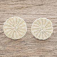 Natural fiber button earrings, 'Circular Sensation in Natural' - Natural Off-White Woven Junco Reed Circular Button Earrings
