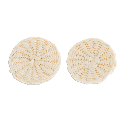 Natural Off-White Woven Junco Reed Circular Button Earrings