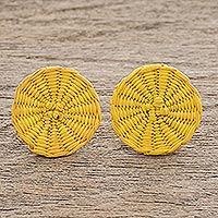 Natural fiber button earrings, 'Circular Sensation in Yellow' - Yellow Handwoven Junco Reed Circular Button Earrings