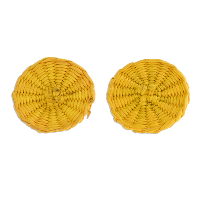 Yellow Handwoven Junco Reed Circular Button Earrings