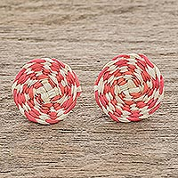 Natural fiber button earrings, 'Lollipop in Coral' - Coral and Off-White Woven Junco Reed Circle Button Earrings