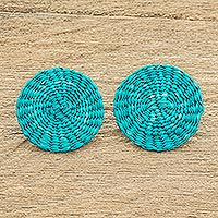 Natural fiber button earrings, 'Circular Sensation in Blue' - Turquoise Handwoven Junco Reed Circular Button Earrings