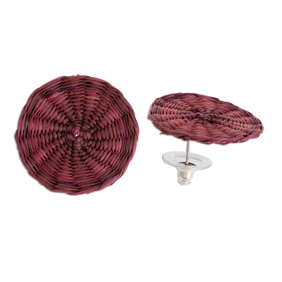 Natural fiber button earrings, 'Circular Sensation in Fuchsia' - Fuchsia Handwoven Junco Reed Circular Button Earrings