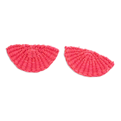 Fuchsia Handwoven Junco Reed Half-Circle Button Earrings