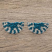 Natural fiber button earrings, 'Sweet Citrus in Teal' - Teal and Ivory Woven Junco Reed Half-Circle Button Earrings