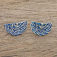 Natural fiber button earrings, 'Creamsicle Swirl' - Blue and Ivory Woven Junco Reed Half-Circle Button Earrings