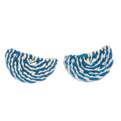 Blue and Ivory Woven Junco Reed Half-Circle Button Earrings