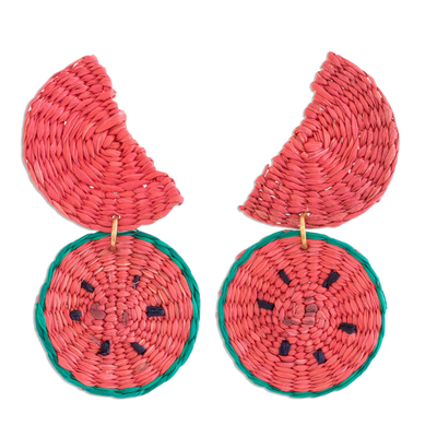 Natural fiber dangle earrings, 'Watermelon Feast' - Watermelon Wedges Handwoven Junco Reed Dangle Earrings