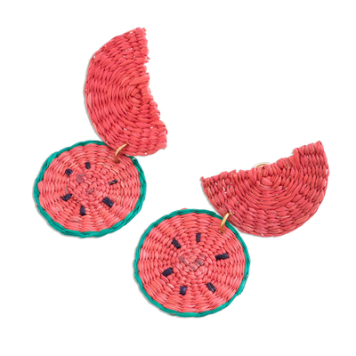 Natural fiber dangle earrings, 'Watermelon Feast' - Watermelon Wedges Handwoven Junco Reed Dangle Earrings
