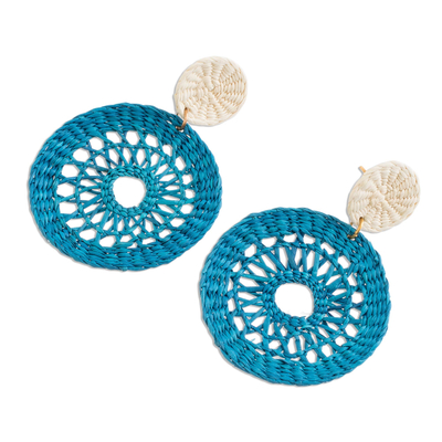 Natural fiber dangle earrings, 'Delightful Nature in Azure' - Handmade Circular Natural Fiber Earrings in Azure