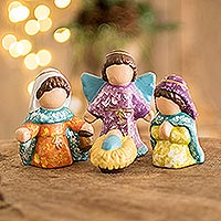 Ceramic nativity scene, 'Love and Happiness' (4 pieces) - Colorful Ceramic Nativity Scene from El Salvador (4 Pieces)