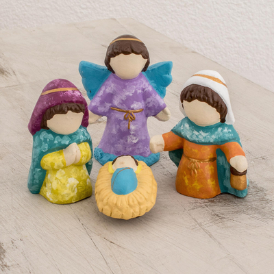 Ceramic nativity scene, 'Love and Happiness' (4 pieces) - Colorful Ceramic Nativity Scene from El Salvador (4 Pieces)