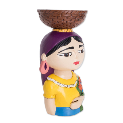 Ceramic tealight holder, 'Volcaneña Woman' - Ceramic Tealight Holder of a Traditional Woman