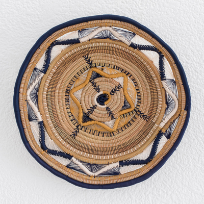 Pine needle decorative basket, 'Stellar Enchantment' - Natural and Navy Pine Needle Decorative Basket