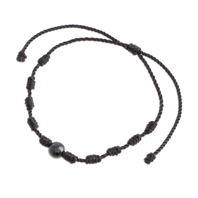 Jade pendant bracelet, 'Bold Texture in Black' - Black Jade and Nylon Knotted Cord Adjustable Bracelet