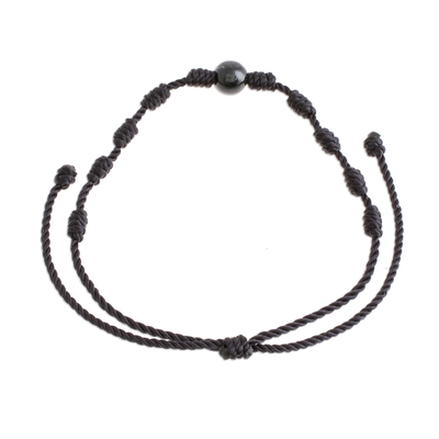 Jade pendant bracelet, 'Bold Texture in Black' - Black Jade and Nylon Knotted Cord Adjustable Bracelet