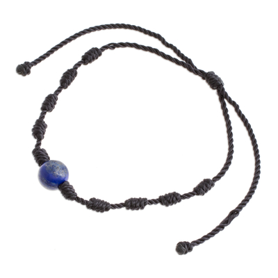Lapis lazuli pendant bracelet, 'Bold Texture in Blue' - Lapis Lazuli and Nylon Knotted Cord Adjustable Bracelet