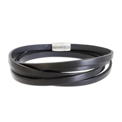 Men's leather wrap bracelet, 'Masculine Symphony in Black' - Men's Black Leather Wrap Bracelet from Costa Rica