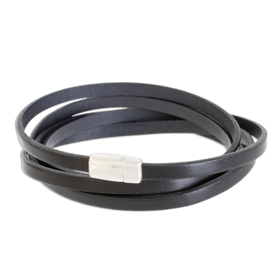 Men's leather wrap bracelet, 'Masculine Symphony in Black' - Men's Black Leather Wrap Bracelet from Costa Rica