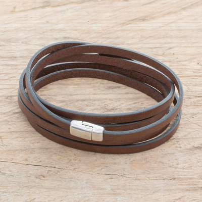 Men's leather wrap bracelet, 'Masculine Symphony in Espresso' - Men's Espresso Leather Wrap Bracelet from Costa Rica