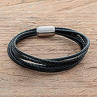 Men's leather cord bracelet, 'Bold Expression in Black' - Men's Leather Strand Bracelet in Black from Costa Rica