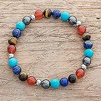 Pulsera elástica con cuentas de múltiples piedras preciosas para hombre, 'Colorful Planets' - Pulsera elástica con cuentas de múltiples piedras preciosas para hombre de colores