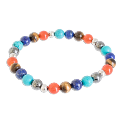 Men's multi-gemstone beaded stretch bracelet, 'Colorful Planets' - Colorful Men's Multi-Gemstone Beaded Stretch Bracelet