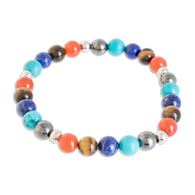 Men's multi-gemstone beaded stretch bracelet, 'Colorful Planets' - Colorful Men's Multi-Gemstone Beaded Stretch Bracelet