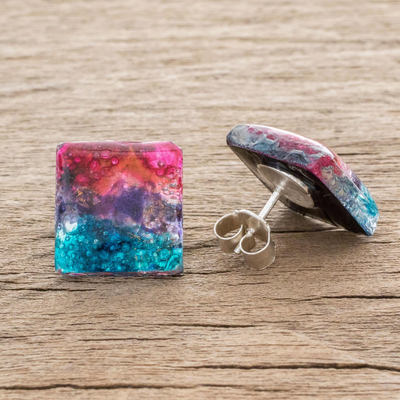 Recycled glass button earrings, 'Infinite Universe' - Square Recycled Glass Button Earrings Crafted in Costa Rica