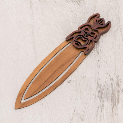 Teak wood bookmark, 'Boruca Mask' - Boruca-Themed Teak Wood Bookmark from Costa Rica