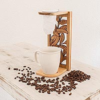 Soporte de café de goteo de una sola porción de madera de teca - Puesto de café de goteo individual de madera de teca con tema de tucán