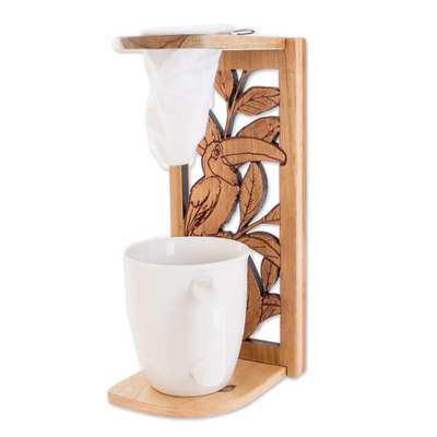 Teak wood single-serve drip coffee stand, 'Toucan Beverage' - Toucan-Themed Teak Wood Single-Serve Drip Coffee Stand