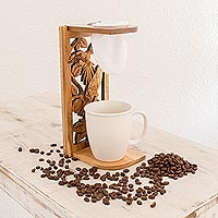 Teak wood single-serve drip coffee stand, 'Macaw Beverage' - Parrot-Themed Teak Wood Single-Serve Drip Coffee Stand