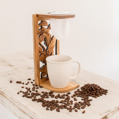 Einzelportions-Tropfkaffeeständer aus Teakholz - Einzelportions-Tropfkaffeeständer aus Teakholz mit Papageien-Motiv