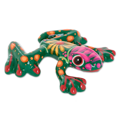 Ceramic figurine, 'Pond Beauty in Green' - Floral Ceramic Frog Figurine in Green