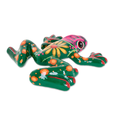 Ceramic figurine, 'Pond Beauty in Green' - Floral Ceramic Frog Figurine in Green