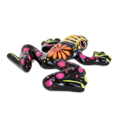 Ceramic figurine, 'Pond Beauty in Black' - Floral Ceramic Frog Figurine in Black