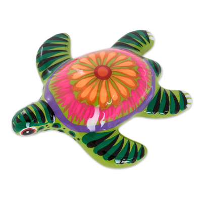 Floral Ceramic and Resin Sea Turtle Figurine in Green