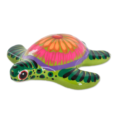 Ceramic and resin figurine, 'Life of the Ocean in Green' - Floral Ceramic and Resin Sea Turtle Figurine in Green