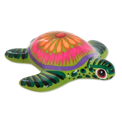 Ceramic and resin figurine, 'Life of the Ocean in Green' - Floral Ceramic and Resin Sea Turtle Figurine in Green