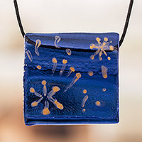 Recycled glass pendant necklace, 'Starry Dreams in Blue'