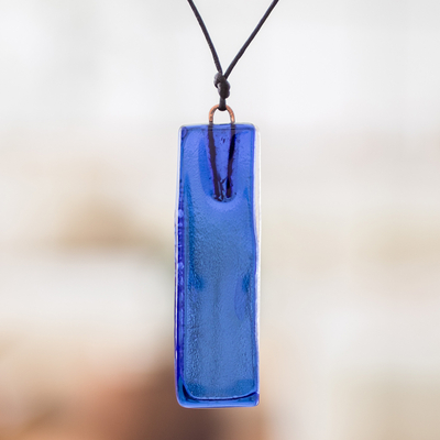 Recycled glass pendant necklace, 'Serene Mood' - Deep Blue Recycled Glass Pendant Necklace from Costa Rica