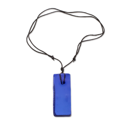 Recycled glass pendant necklace, 'Serene Mood' - Deep Blue Recycled Glass Pendant Necklace from Costa Rica