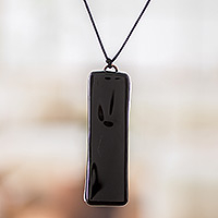 Recycled glass pendant necklace, 'Mood of Strength' - Black Recycled Glass Pendant Necklace from Costa Rica