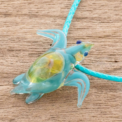Art glass pendant necklace, 'In the Ocean' - Art Glass Sea Turtle Pendant Necklace from Costa Rica
