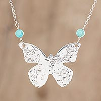 Sterling silver pendant necklace, 'Butterfly Texture' - Sterling Silver and Recon. Turquoise Pendant Necklace