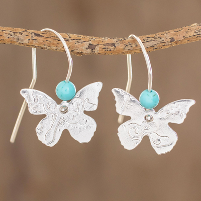 Sterling silver drop earrings, 'Butterfly Texture' - Sterling Silver and Recon Turquoise Butterfly Drop Earrings