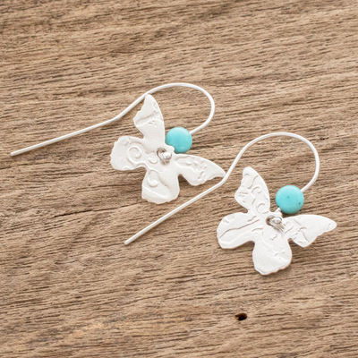 Sterling silver drop earrings, 'Butterfly Texture' - Sterling Silver and Recon Turquoise Butterfly Drop Earrings