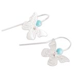 Sterling silver drop earrings, 'Butterfly Texture' - Sterling Silver and Recon Turquoise Butterfly Drop Earrings